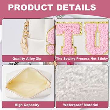 Burskit Stuff Bag Preppy Stuff Travel Makeup Bag Organizer Patch Large Varsity Chenille Letter Cosmetic Toiletry The Pink Stuff Nylon Cute PU Leather Portable Pouch Storage Purse