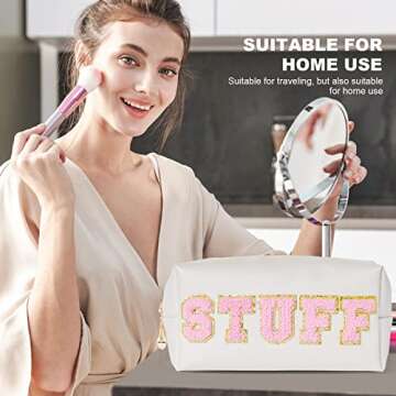 Burskit Stuff Bag Preppy Stuff Travel Makeup Bag Organizer Patch Large Varsity Chenille Letter Cosmetic Toiletry The Pink Stuff Nylon Cute PU Leather Portable Pouch Storage Purse