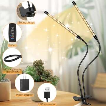 zyzykeji LED Grow Lights (2 Packs), 2 Heads Red Blue White Full Spectrum Plant Light with Clamp for Indoor Plants & Seed Starting, 10-Level Dimmable, Auto On Off, Timing 4 6 12Hrs