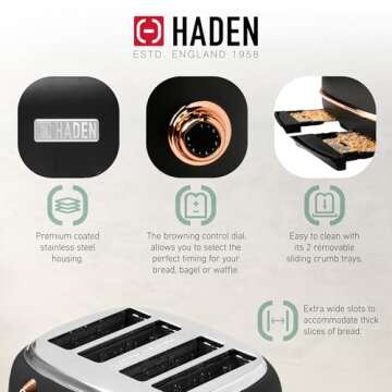 Haden Heritage 4 Slice Wide Slot Stainless Steel Toaster with Adjustable Browning Control & Non-Slip Feet, Black & Copper