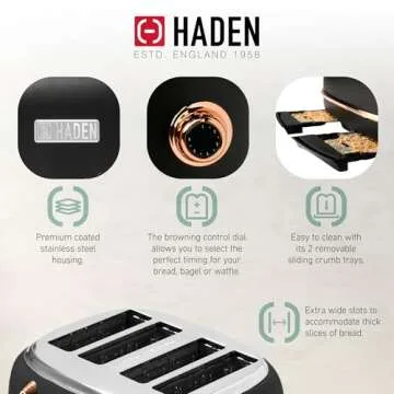 Haden Heritage 4 Slice Wide Slot Stainless Steel Toaster with Adjustable Browning Control & Non-Slip Feet, Black & Copper