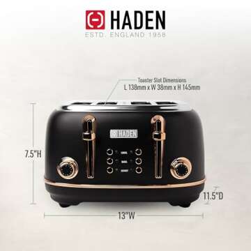 Haden Heritage 4 Slice Wide Slot Stainless Steel Toaster with Adjustable Browning Control & Non-Slip Feet, Black & Copper