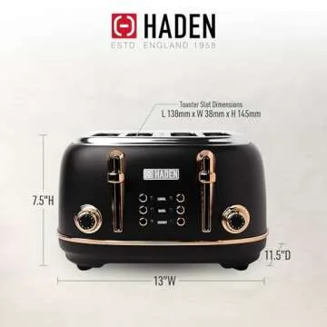 Haden Heritage 4 Slice Wide Slot Stainless Steel Toaster with Adjustable Browning Control & Non-Slip Feet, Black & Copper
