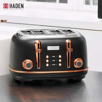 Haden Heritage 4 Slice Wide Slot Stainless Steel Toaster with Adjustable Browning Control & Non-Slip Feet, Black & Copper