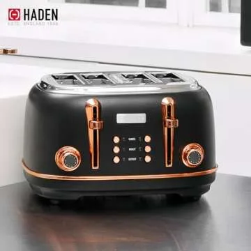 Haden Heritage 4 Slice Wide Slot Stainless Steel Toaster with Adjustable Browning Control & Non-Slip Feet, Black & Copper