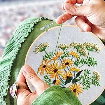 Embroidery Starter Kit - Embroidery Kit Including 100 Color Threads, Instructions, 5 PCS Bamboo Embroidery Hoops, Circular Packing Bag and Cross Stitch Tools for Adults and Kids Beginners