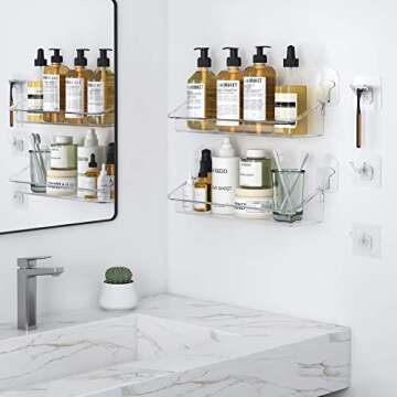 UDD Clear Shower Caddy with Razor Holder Hook, Wall Floating Shelves Shower Organizer Storage Adhesive Shower Rack for Bathroom (2 Pack, Large)