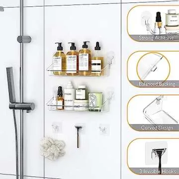 UDD Clear Shower Caddy with Razor Holder Hook, Wall Floating Shelves Shower Organizer Storage Adhesive Shower Rack for Bathroom (2 Pack, Large)