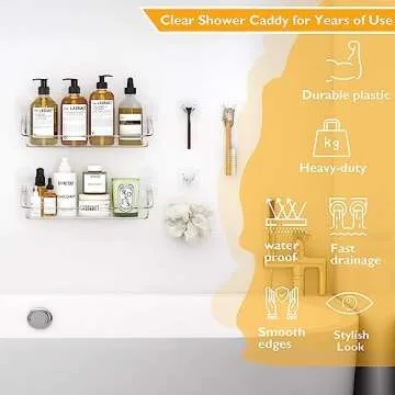 UDD Clear Shower Caddy with Razor Holder Hook, Wall Floating Shelves Shower Organizer Storage Adhesive Shower Rack for Bathroom (2 Pack, Large)