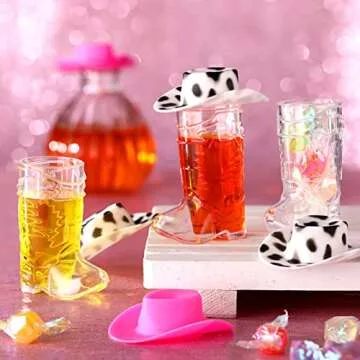 20 Pcs Plastic Mini Western Cowboy Cowgirl Hat and 10 Pcs Plastic Boot Shot Glasses Miniature Cute Doll Hat Cowboy Boot Cups (White, Cow Color)