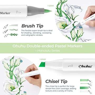 Ohuhu Pastel Alcohol Brush Markers- 48 Pastel Colors of Honolulu Blossoming- Alcohol Based Double Tipped Art Marker Set for Artist Adults Coloring Illustration- Brush & Chisel Dual Tips- Refillable