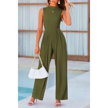 PRETTYGARDEN Womens Summer Jumpsuits Dressy Casual One Piece Outfits Sleeveless Mock Neck Wide Leg Pants Rompers with Pockets