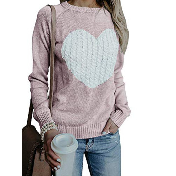 EC ELEGANTCHARM Women's Pullover Sweaters Knitted Long Sleeve Crewneck Heart Patchwork Jumper Cozy T...