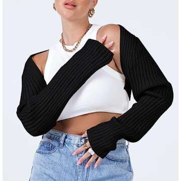 LILLUSORY Womens Crop Cardigans Sweater Bolero Shrug Y2K Cute Tops Fall Fashion Trendy Long Sleeve Outfit 2025 Black Medium
