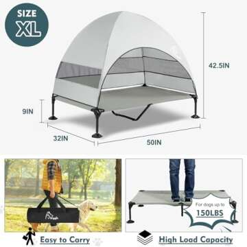 Upgraded Elevated Dog Bed with Canopy, Portable Raised Outdoor Dog Bed with Stable Anti-Slip Feet, Wider Shade Pet Bed Cot, Raised Dog Beds for Large Dogs Camping, Indoor & Outdoor Use