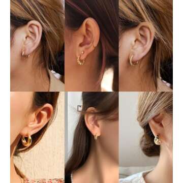 Tasiso Small Hoop Earrings for Women, 6 Pair 14K Gold Plated Huggie Hoop Earrings Lightweight Hypoallergenic Earring Set Cute Earrings Pack for Women Trendy Jewelry Gifts