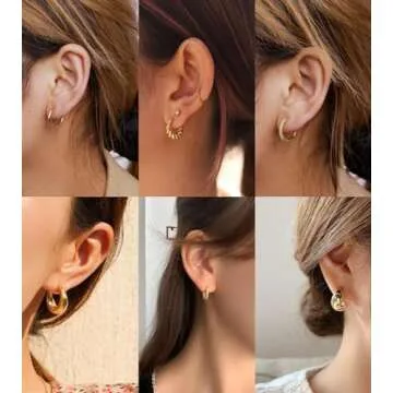 Tasiso Small Hoop Earrings for Women, 6 Pair 14K Gold Plated Huggie Hoop Earrings Lightweight Hypoallergenic Earring Set Cute Earrings Pack for Women Trendy Jewelry Gifts