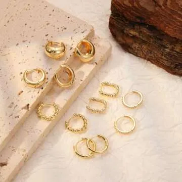 Tasiso Small Hoop Earrings for Women, 6 Pair 14K Gold Plated Huggie Hoop Earrings Lightweight Hypoallergenic Earring Set Cute Earrings Pack for Women Trendy Jewelry Gifts