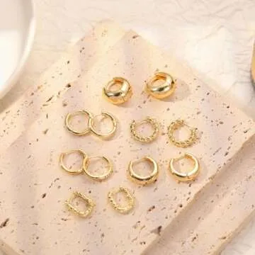 Tasiso Small Hoop Earrings for Women, 6 Pair 14K Gold Plated Huggie Hoop Earrings Lightweight Hypoallergenic Earring Set Cute Earrings Pack for Women Trendy Jewelry Gifts