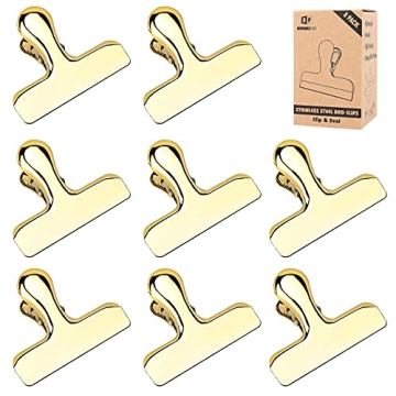 BUNDLEPRO Pack of 8 Shiny Gold Bag Clips, Stainless Steel and Heavy Duty Metal Bag Clip,Tightly Seal...