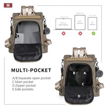 PINCNEL Women Khaki Medium Backpack Purse Waterproof Nylon Anti-theft Rucksack Lightweight Shoulder Bag