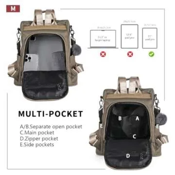 PINCNEL Women Khaki Medium Backpack Purse Waterproof Nylon Anti-theft Rucksack Lightweight Shoulder Bag