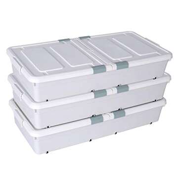 3 Pack Large Rolling Under Bed Storage Bin With Wheels, Sliding Underbed Plastic Containers With Lid...