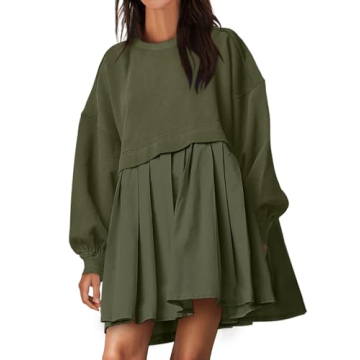 ANRABESS Women Sweatshirts Dress Oversized Long Sleeve Patchwork Casual Loose Pleated Pullover Mini ...