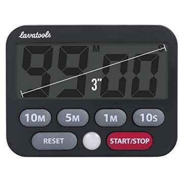 Lavatools KT3 Kitchen Timer & Stopwatch, Large Digits, Loud Alarm, Mute Function, Quick-Set Buttons, Hang Hole, Magnetic Stand for Cooking and Classroom