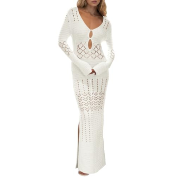 Saodimallsu Women's Crochet Coverups Sexy V Neck Cut Out Long Sleeve Mesh Cover Ups Side Slit Beach ...
