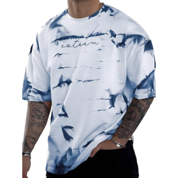 SOLY HUX Men's Casual Tie Dye T-Shirt with Letter Print in Blue and White