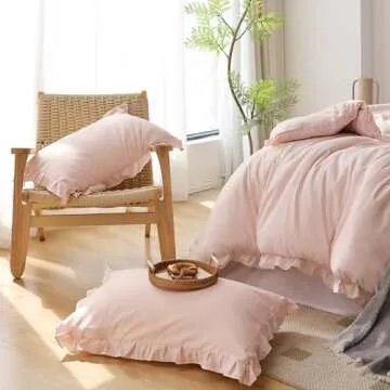 JANZAA Pink Comforter Set Queen Comforter Set 3PCS (1 Ruffled Blush Comforter and 2 Pillowcases) Vintage Shabby Chic Bedding Soft Fluffy Comforter Set All Season