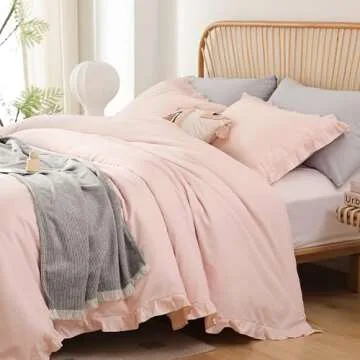 JANZAA Pink Comforter Set Queen Comforter Set 3PCS (1 Ruffled Blush Comforter and 2 Pillowcases) Vintage Shabby Chic Bedding Soft Fluffy Comforter Set All Season