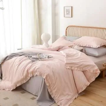 JANZAA Pink Comforter Set Queen Comforter Set 3PCS (1 Ruffled Blush Comforter and 2 Pillowcases) Vintage Shabby Chic Bedding Soft Fluffy Comforter Set All Season