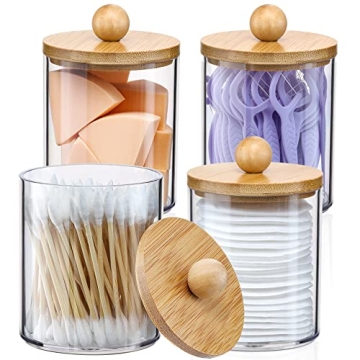 4 Pack Qtip Holder Dispenser with Bamboo Lids - Elegant Clear Jars