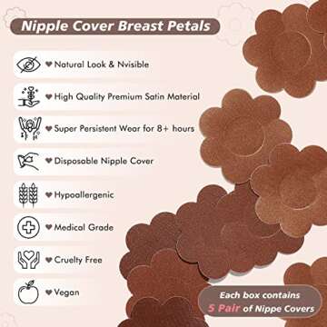 Boob Tape - Breast Lift Tape & Nipple Covers, Boobtape, Body Tape for Breast Lift, Bob Tape for Large Breasts A-G Cup (10 Satin Breast Petals+Boob tape) Brown