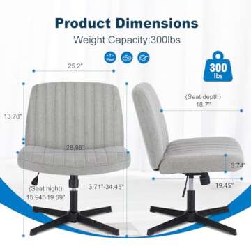 Criss Cross Chair No Wheels, Swivel Criss Cross Legged Chair, Modern Fabric Vanity Chair, Height Adjustable Wide Armless Chair for Small Spaces (Grey)