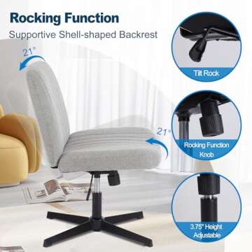 Criss Cross Chair No Wheels, Swivel Criss Cross Legged Chair, Modern Fabric Vanity Chair, Height Adjustable Wide Armless Chair for Small Spaces (Grey)