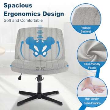 Criss Cross Chair No Wheels, Swivel Criss Cross Legged Chair, Modern Fabric Vanity Chair, Height Adjustable Wide Armless Chair for Small Spaces (Grey)