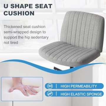 Criss Cross Chair No Wheels, Swivel Criss Cross Legged Chair, Modern Fabric Vanity Chair, Height Adjustable Wide Armless Chair for Small Spaces (Grey)