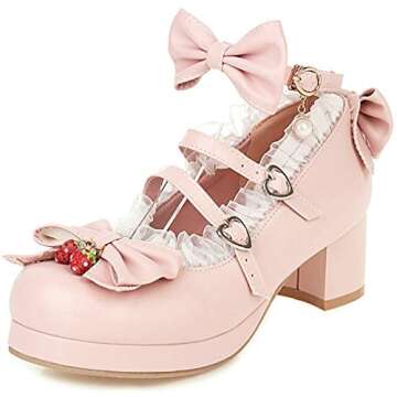 Parisuit Womens Mary Jane Chunky Heel Platform Pumps Bowtie Heart Strap Lace Kawaii Maid Shoes-Pink Size 5.5