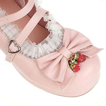 Parisuit Womens Mary Jane Chunky Heel Platform Pumps Bowtie Heart Strap Lace Kawaii Maid Shoes-Pink Size 5.5