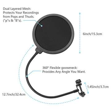 Microphone Pop Filter 6 inch Round Shape Wind Screen Mask Dual Layer Gooseneck Flexible for Blue Yeti Microphones