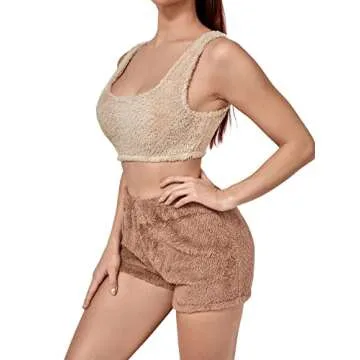 SweatyRocks Women's Fuzzy Pajamas Set Crop Tank Top with Shorts Loungewear