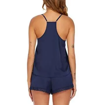 Ekouaer Satin Pajamas Set Sleepwear Womens Sexy Lingerie Cami Shorts Set Nightwear Navy Blue Small