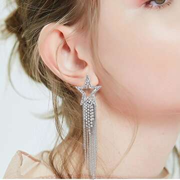 Women’s Tassel Earrings Star Ear Stud Pave Crystal Dangle Earrings Boho Waterfall Beaded Fringe Drop Earring (silver)