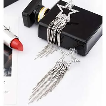 Women’s Tassel Earrings Star Ear Stud Pave Crystal Dangle Earrings Boho Waterfall Beaded Fringe Drop Earring (silver)