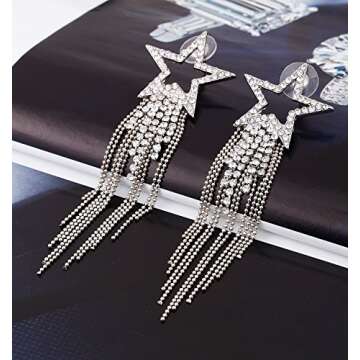 Women’s Tassel Earrings Star Ear Stud Pave Crystal Dangle Earrings Boho Waterfall Beaded Fringe Drop Earring (silver)