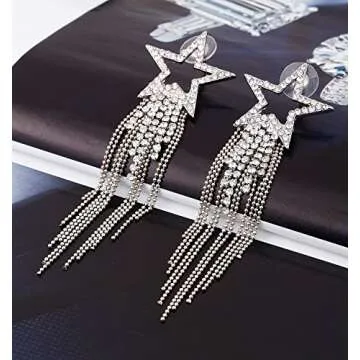 Women’s Tassel Earrings Star Ear Stud Pave Crystal Dangle Earrings Boho Waterfall Beaded Fringe Drop Earring (silver)