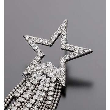 Women’s Tassel Earrings Star Ear Stud Pave Crystal Dangle Earrings Boho Waterfall Beaded Fringe Drop Earring (silver)